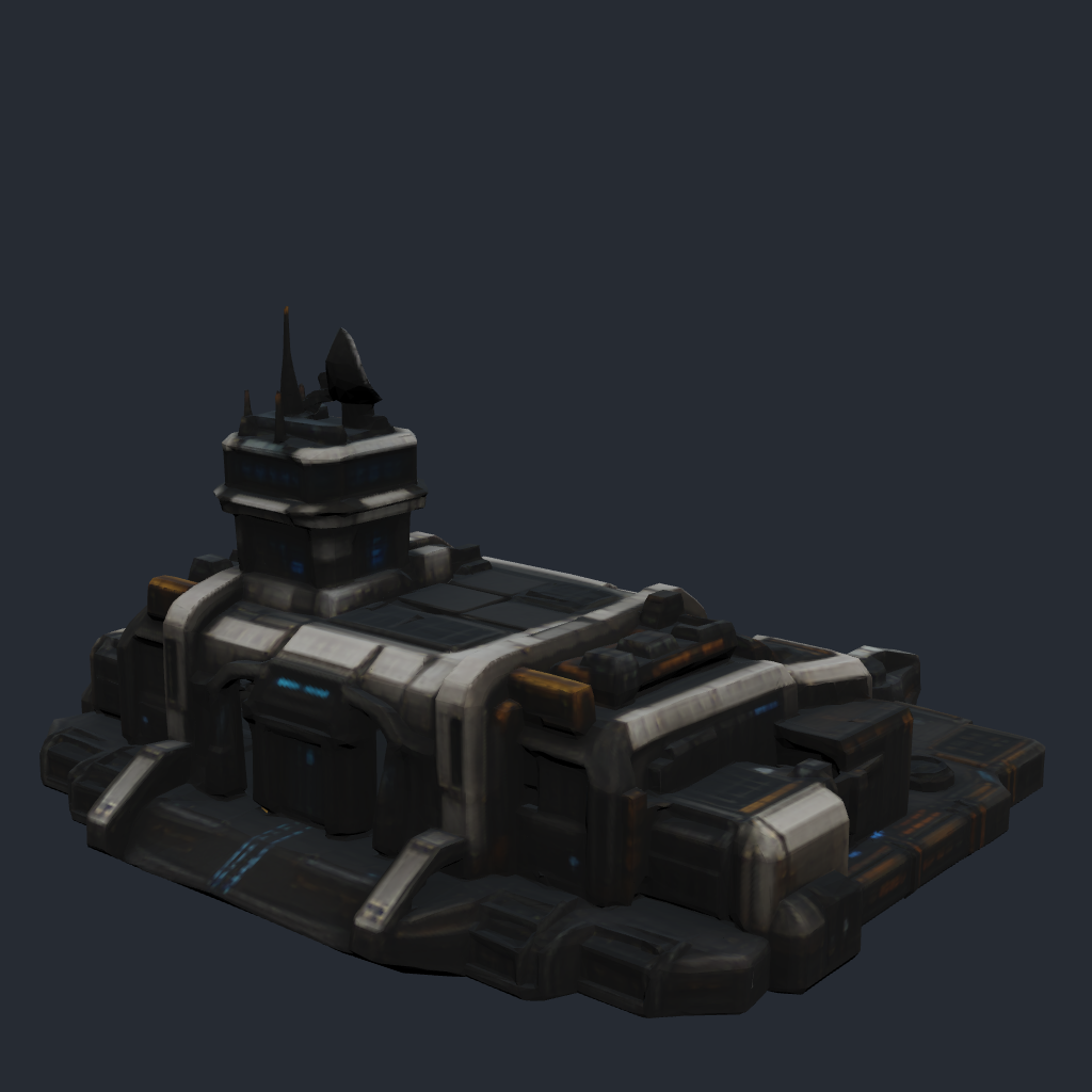 Rendered concept model of a Terran airport, the aircraft production and launch building