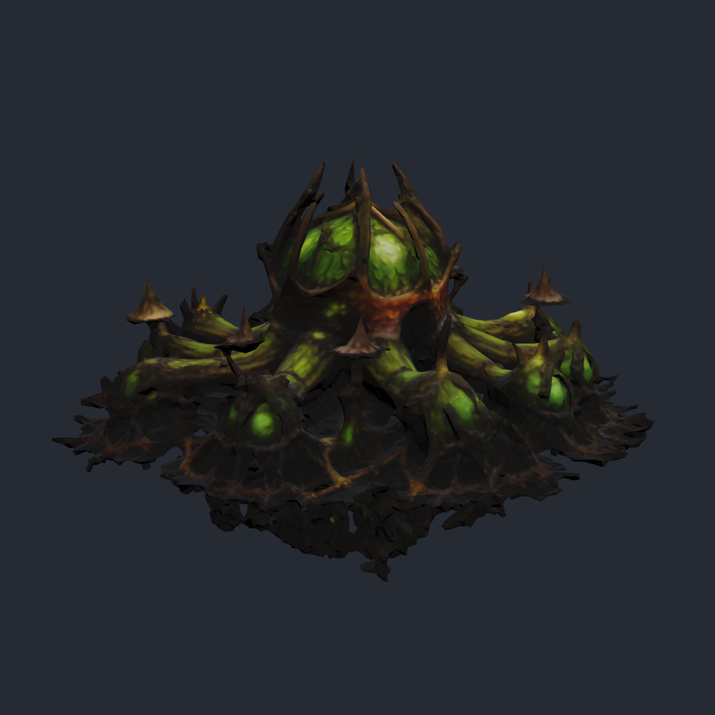 Rendered concept model of Mycelith Brood's Feeder Nexus, a distribution hub that routes biomass to frontline hives