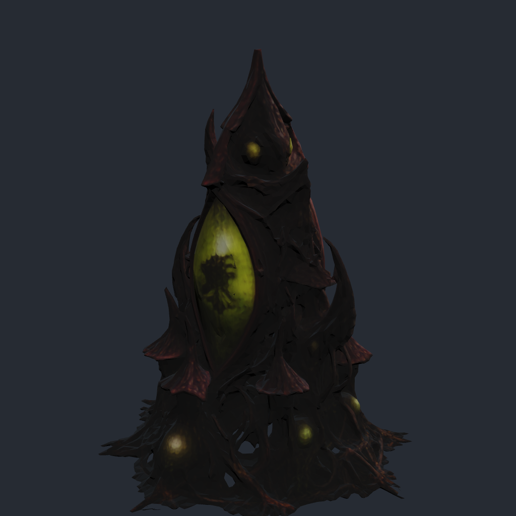 Rendered concept model of Mycelith Brood's Mutation Chamber, a chrysalis structure that evolves units