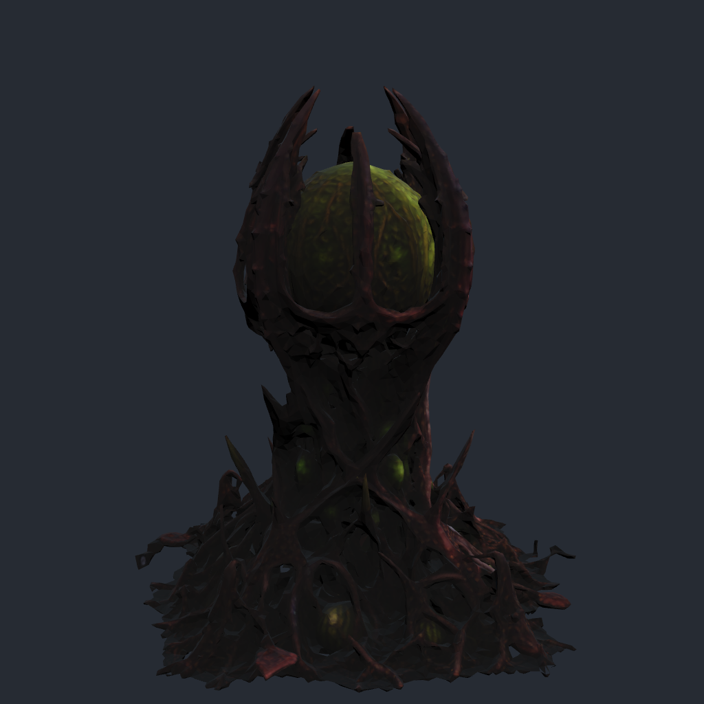 Rendered concept model of Mycelith Brood's Orbital Spore Cradle, launching a glowing spore skyward