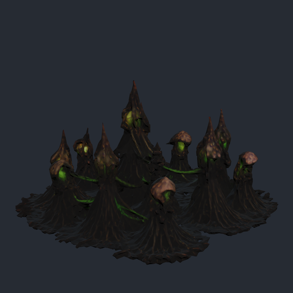 Rendered concept model of Mycelith Brood's Synapse Grove, a cluster of neural-node stalks that improve swarm coordination