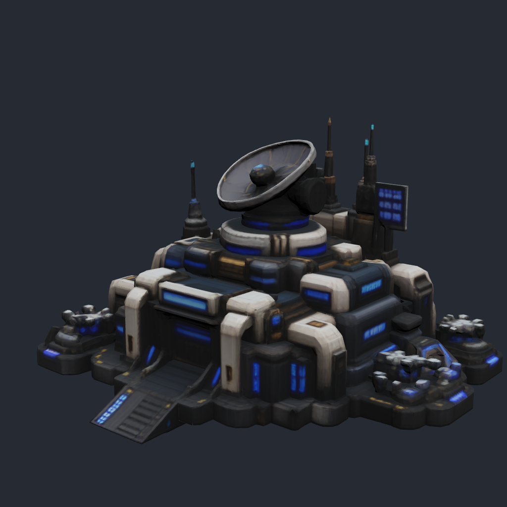 Rendered concept model of a Terran drone control hub with a dish array