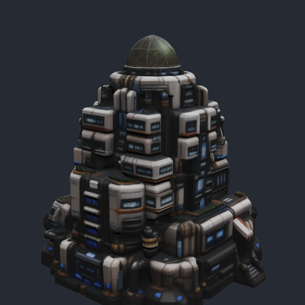 Rendered concept model of a Terran habitat complex, dense upgraded colonist housing