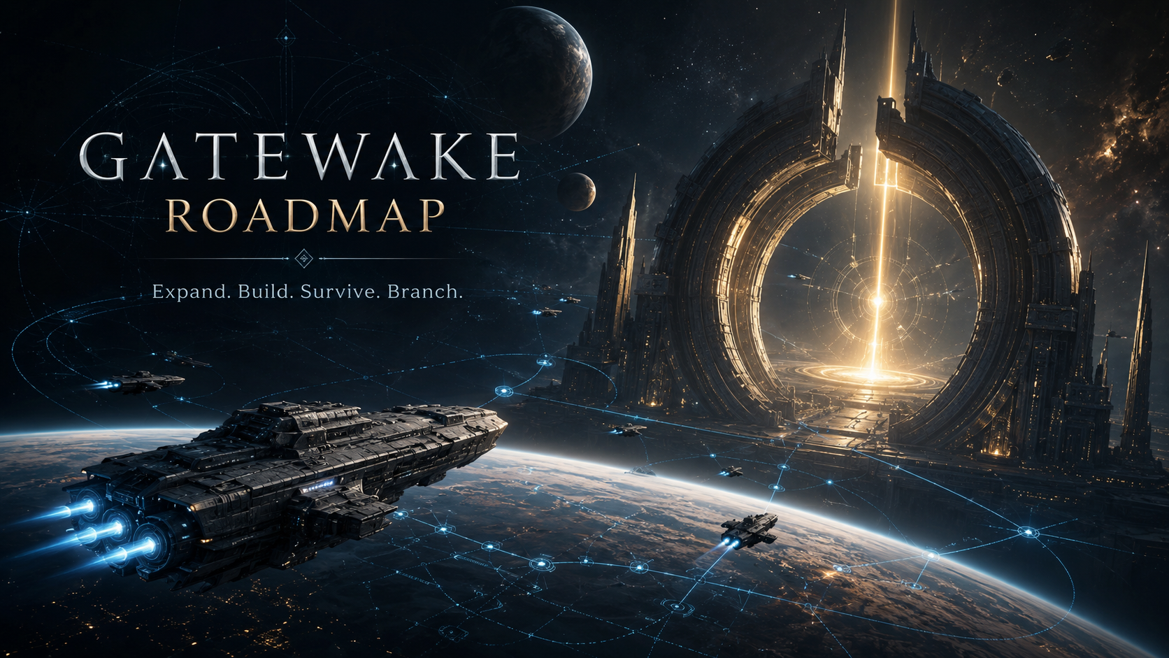 Gatewake roadmap header with ancient gate, fleets, and strategic network